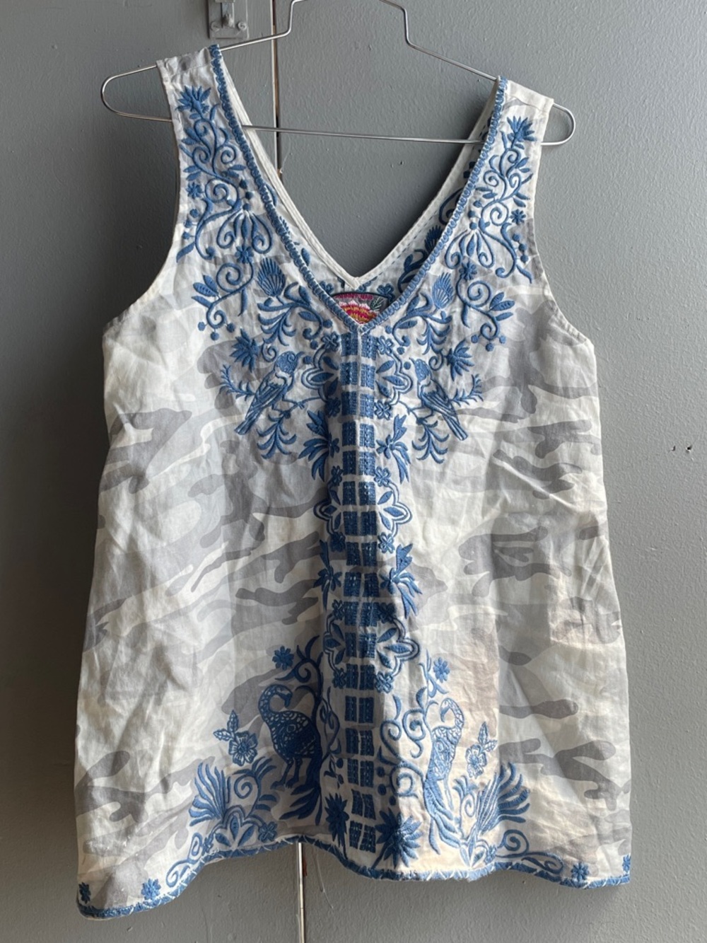 White camo Sleeveless Embroidered Tank with Blue Floral Motif | Johnny Was